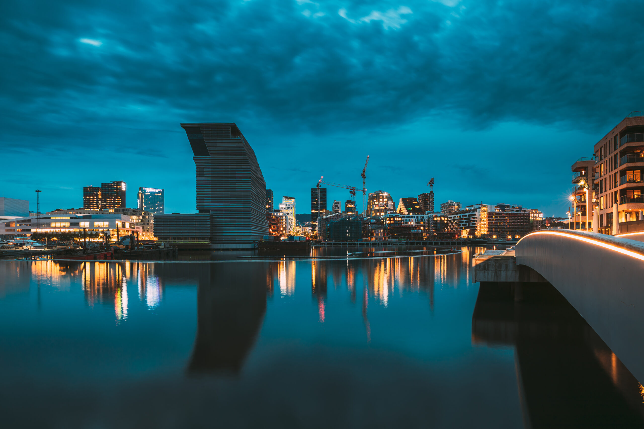 Oslo, Norway. Night View Embankment And Residential Multi-storey
