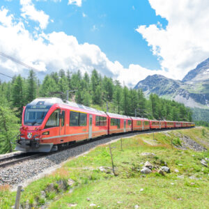 Bernina tourist train on the Swiss alps