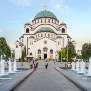 SERBIA, BELGRADE – JULY 04, 2018: View on square with fountains