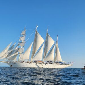 Ship with sails and tender